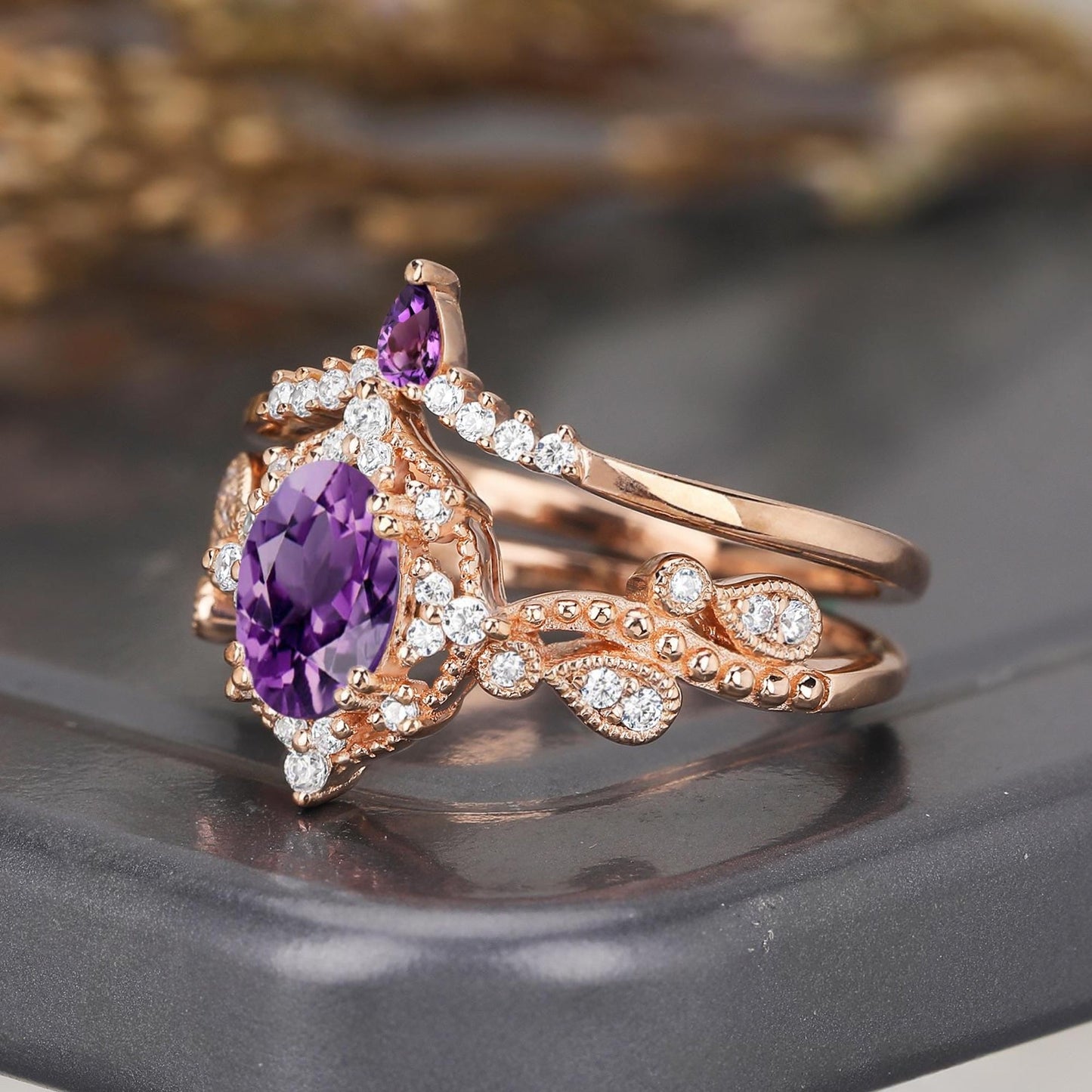 Cluster Vintage Oval Cut Amethyst Art Deco Couple Ring Set His and Her Matching Rings - anerjuly