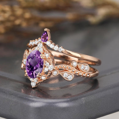 Cluster Vintage Oval Cut Amethyst Art Deco Couple Ring Set His and Her Matching Rings - anerjuly