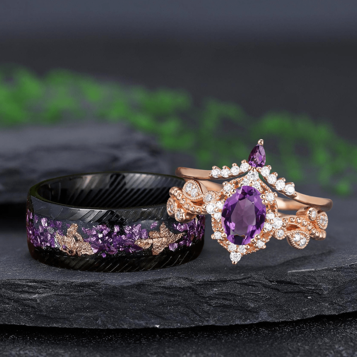 Cluster Vintage Oval Cut Amethyst Art Deco Couple Ring Set His and Her Matching Rings - anerjuly