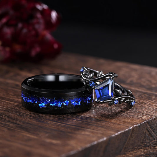 Couples ring set galaxy blue sapphire wedding rings set black gold His&Her wedding band twig leaf amethyst ring for women promise ring gift - anerjuly
