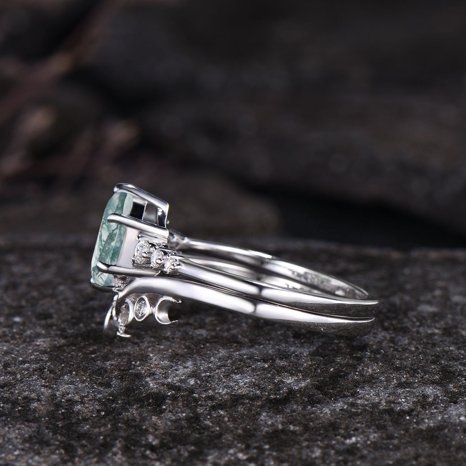 Dainty Hexagon Cut Natural Moss Agate Ring Set Engagement Ring For Women - anerjuly