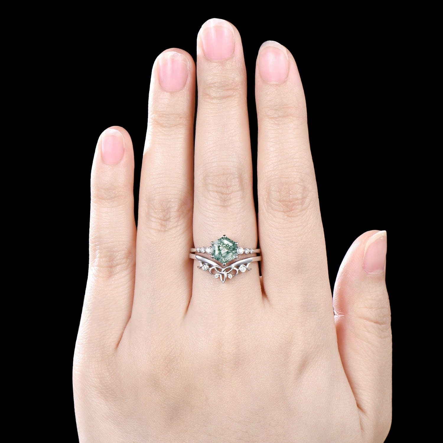 Dainty Hexagon Cut Natural Moss Agate Ring Set Engagement Ring For Women - anerjuly
