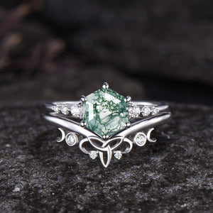 Dainty Hexagon Cut Natural Moss Agate Ring Set Engagement Ring For Women - anerjuly