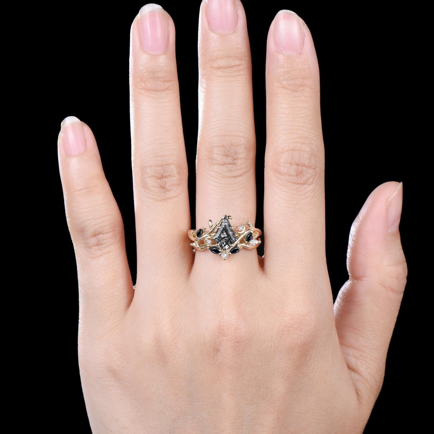 Dainty Natural Rutilated Quartz Engagement Ring Set Black Gold Black Bridal Ring - anerjuly