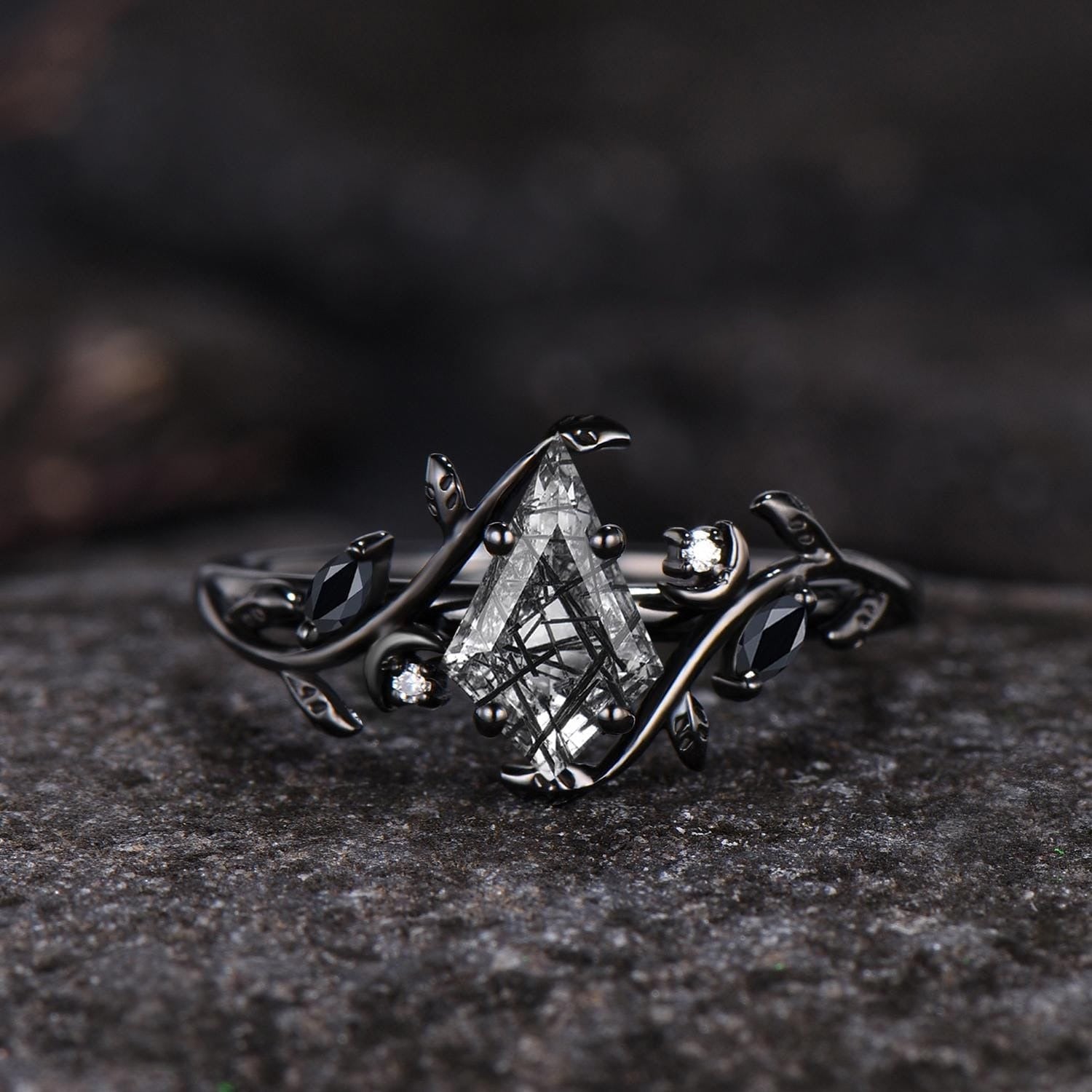 Dainty Natural Rutilated Quartz Engagement Ring Set Black Gold Black Bridal Ring - anerjuly