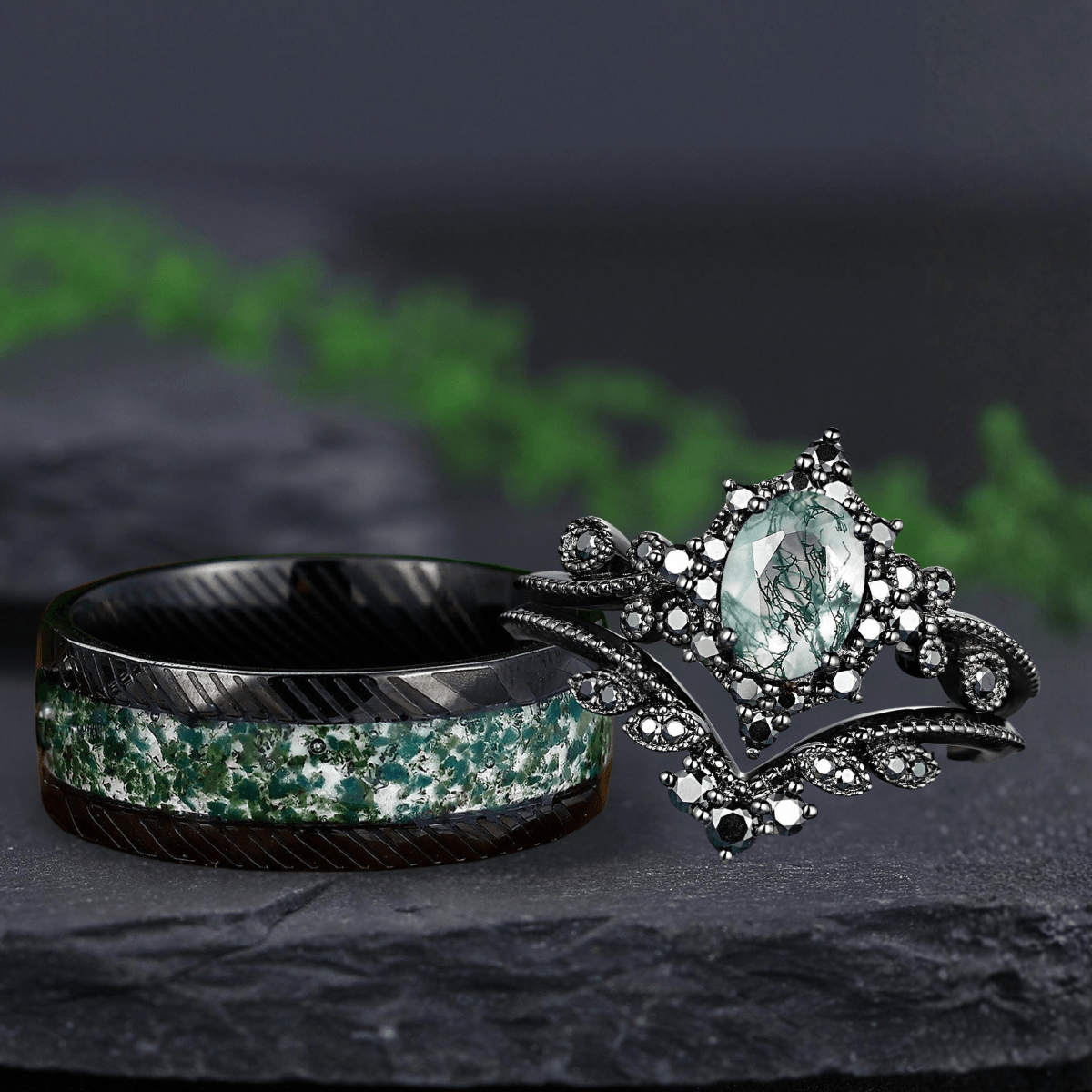 Dainty Oval Shape Unique Moss Agate Couple Rings Nature - Inspired His & Her Matching Rings - anerjuly
