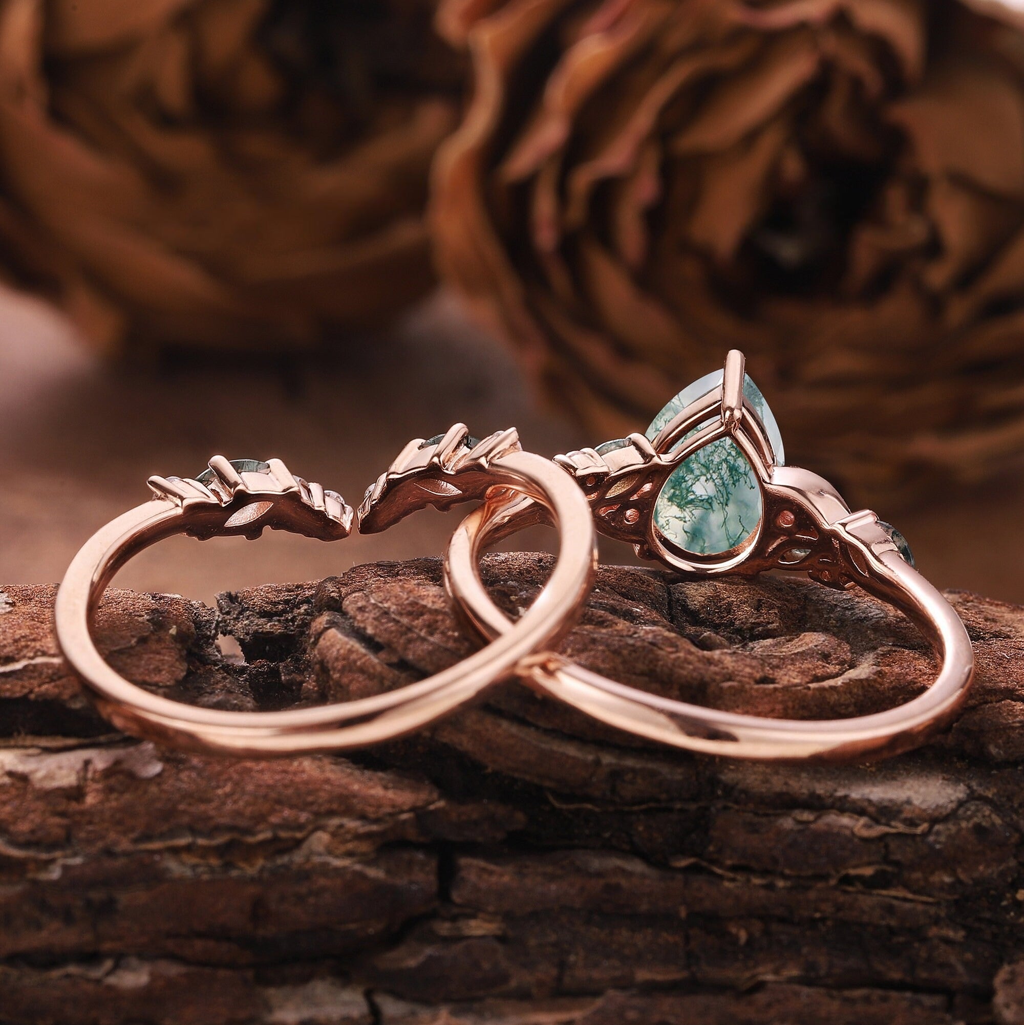 Dainty Pear Cut Natural Moss Agate Engagement Ring Set Leaf Nature Inspired Ring Unique 2pcs Bridal Ring Set - anerjuly