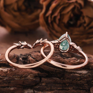 Dainty Pear Cut Natural Moss Agate Engagement Ring Set Leaf Nature Inspired Ring Unique 2pcs Bridal Ring Set - anerjuly