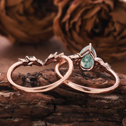 Dainty Pear Cut Natural Moss Agate Engagement Ring Set Leaf Nature Inspired Ring Unique 2pcs Bridal Ring Set - anerjuly