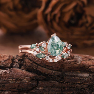 Dainty Pear Cut Natural Moss Agate Engagement Ring Set Leaf Nature Inspired Ring Unique 2pcs Bridal Ring Set - anerjuly