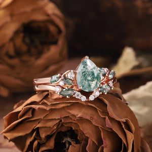 Dainty Pear Cut Natural Moss Agate Engagement Ring Set Leaf Nature Inspired Ring Unique 2pcs Bridal Ring Set - anerjuly