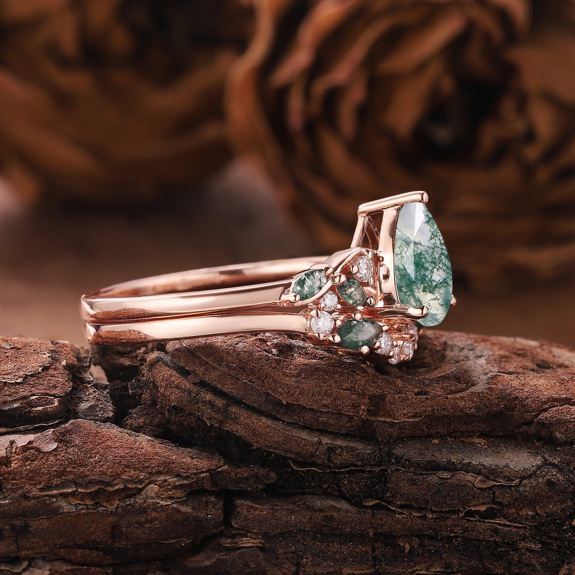Dainty Pear Cut Natural Moss Agate Engagement Ring Set Leaf Nature Inspired Ring Unique 2pcs Bridal Ring Set - anerjuly