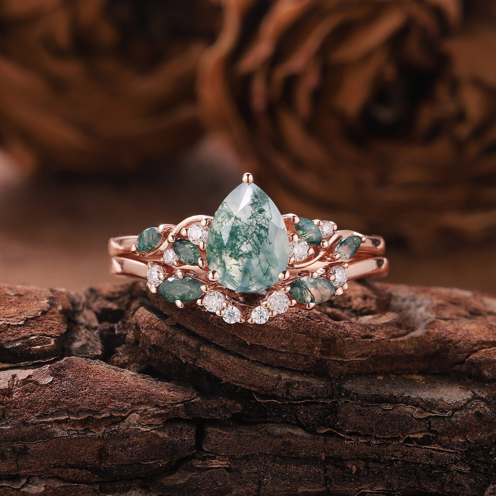 Dainty Pear Cut Natural Moss Agate Engagement Ring Set Leaf Nature Inspired Ring Unique 2pcs Bridal Ring Set - anerjuly