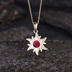 Dainty Round Cut Natural Garnet Necklace Minimalist Yellow Gold Sun Necklace Art Deco Bezel Setting Solitaire Pendant - anerjuly