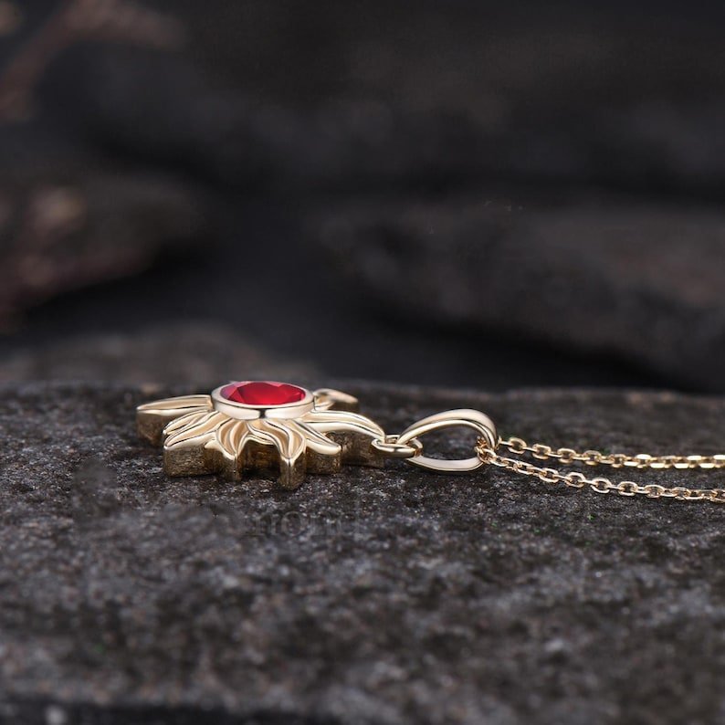 Dainty Round Cut Natural Garnet Necklace Minimalist Yellow Gold Sun Necklace Art Deco Bezel Setting Solitaire Pendant - anerjuly