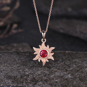 Dainty Round Cut Natural Garnet Necklace Minimalist Yellow Gold Sun Necklace Art Deco Bezel Setting Solitaire Pendant - anerjuly