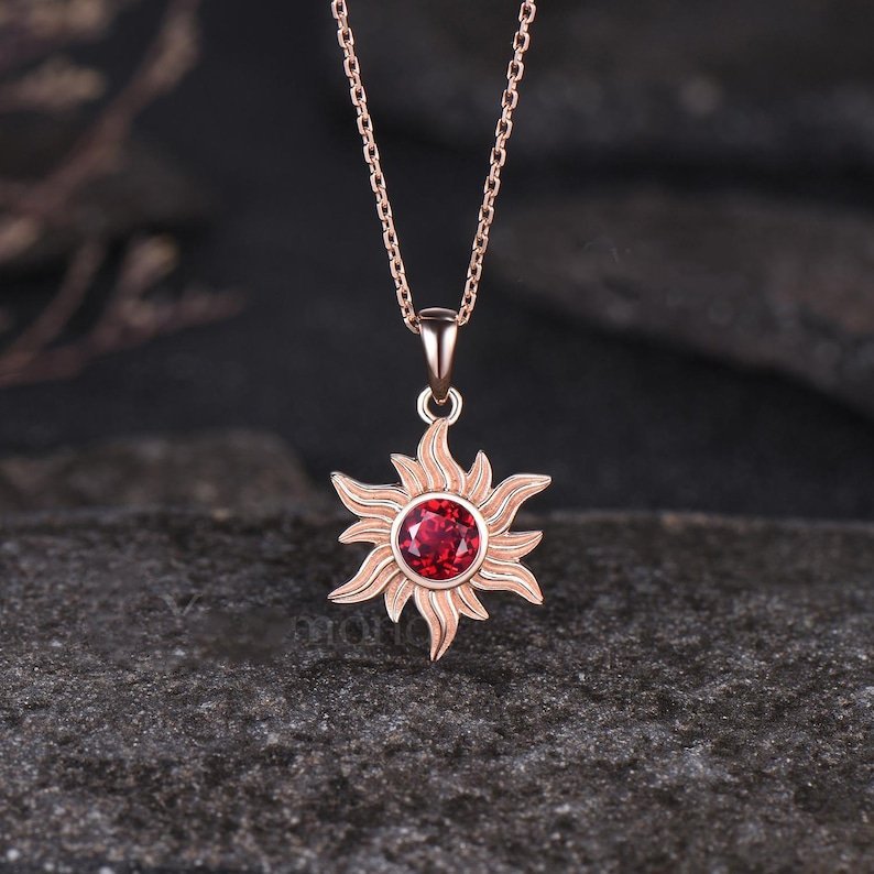 Dainty Round Cut Natural Garnet Necklace Minimalist Yellow Gold Sun Necklace Art Deco Bezel Setting Solitaire Pendant - anerjuly