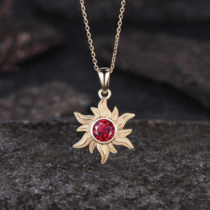 Dainty Round Cut Natural Garnet Necklace Minimalist Yellow Gold Sun Necklace Art Deco Bezel Setting Solitaire Pendant - anerjuly