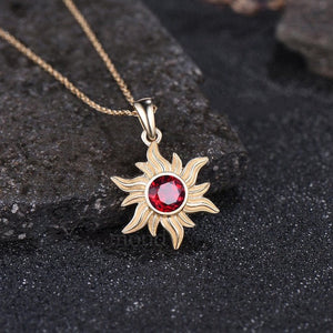 Dainty Round Cut Natural Garnet Necklace Minimalist Yellow Gold Sun Necklace Art Deco Bezel Setting Solitaire Pendant - anerjuly