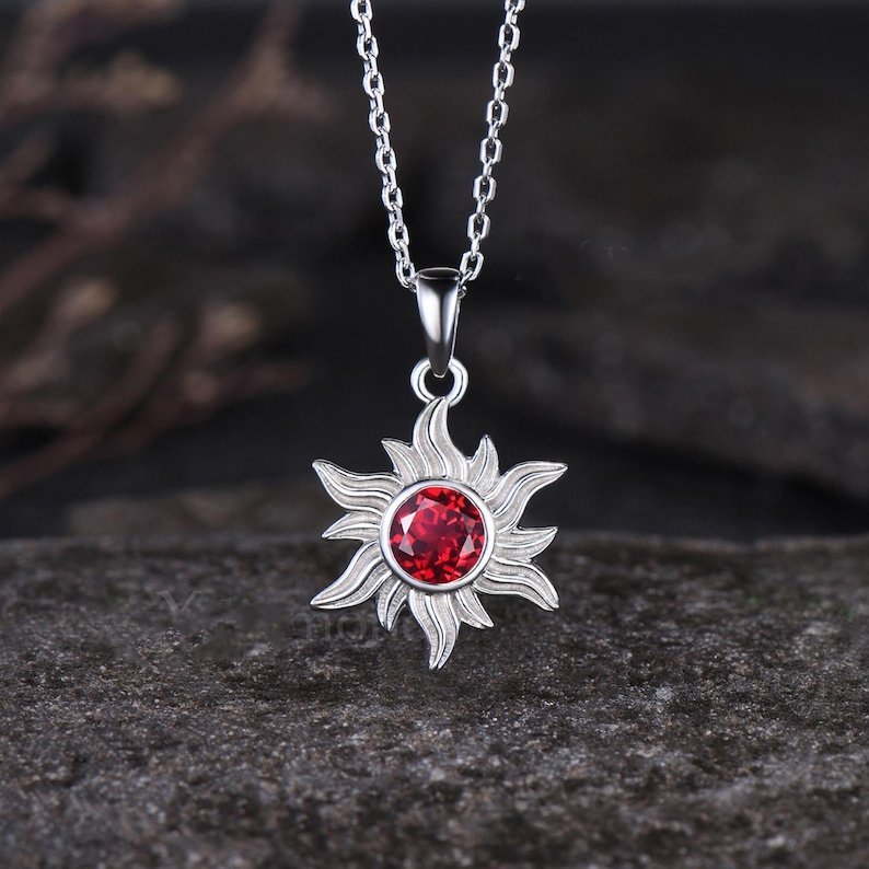 Dainty Round Cut Natural Garnet Necklace Minimalist Yellow Gold Sun Necklace Art Deco Bezel Setting Solitaire Pendant - anerjuly