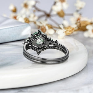 Dainty Round Cut Unique Moss Agate Couple Rings Nature - Inspired His & Her Matching Wedding Band - anerjuly