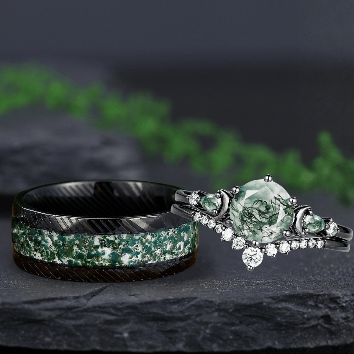 Dainty Round Cut Unique Moss Agate Couple Rings Nature - Inspired His & Her Matching Wedding Band - anerjuly