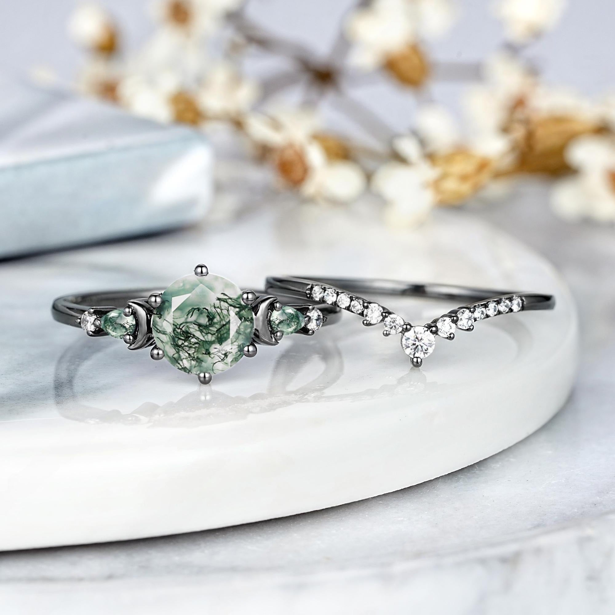 Dainty Round Cut Unique Moss Agate Couple Rings Nature - Inspired His & Her Matching Wedding Band - anerjuly
