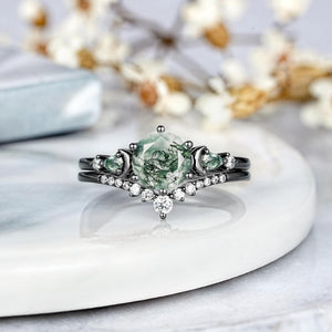 Dainty Round Cut Unique Moss Agate Couple Rings Nature - Inspired His & Her Matching Wedding Band - anerjuly