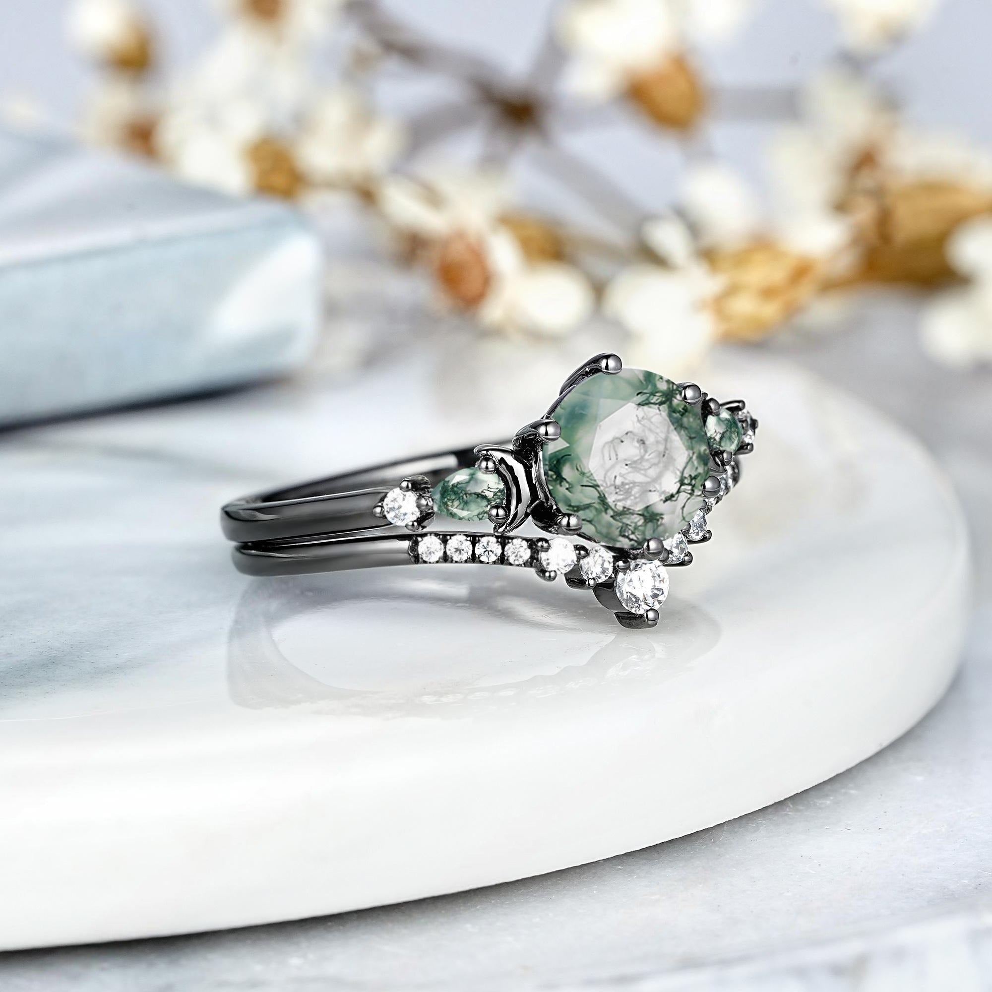 Dainty Round Cut Unique Moss Agate Couple Rings Nature - Inspired His & Her Matching Wedding Band - anerjuly
