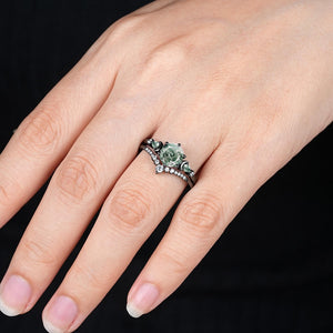Dainty Round Nature Moss Agate Black Gold Sailor Moon Ring Set Engagement Ring For Women - anerjuly