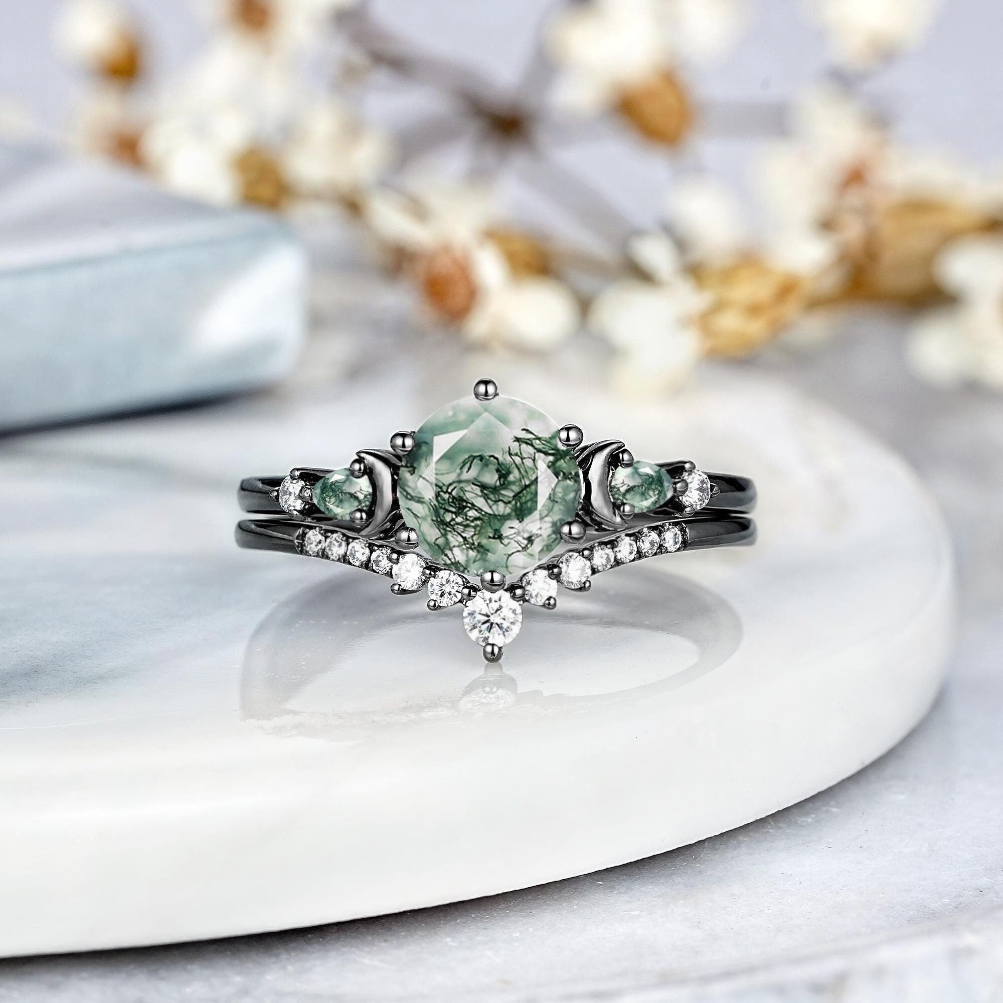Dainty Round Nature Moss Agate Black Gold Sailor Moon Ring Set Engagement Ring For Women - anerjuly