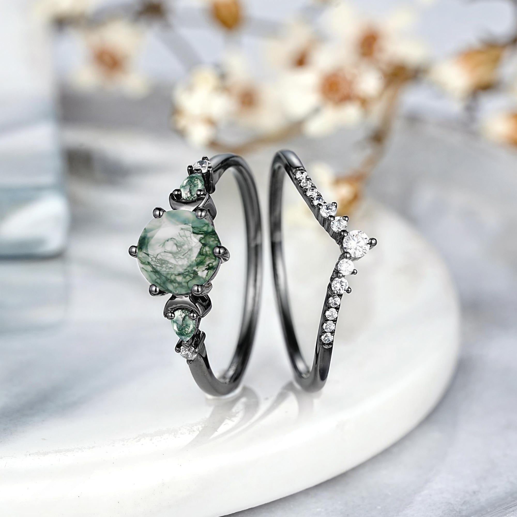 Dainty Round Nature Moss Agate Black Gold Sailor Moon Ring Set Engagement Ring For Women - anerjuly
