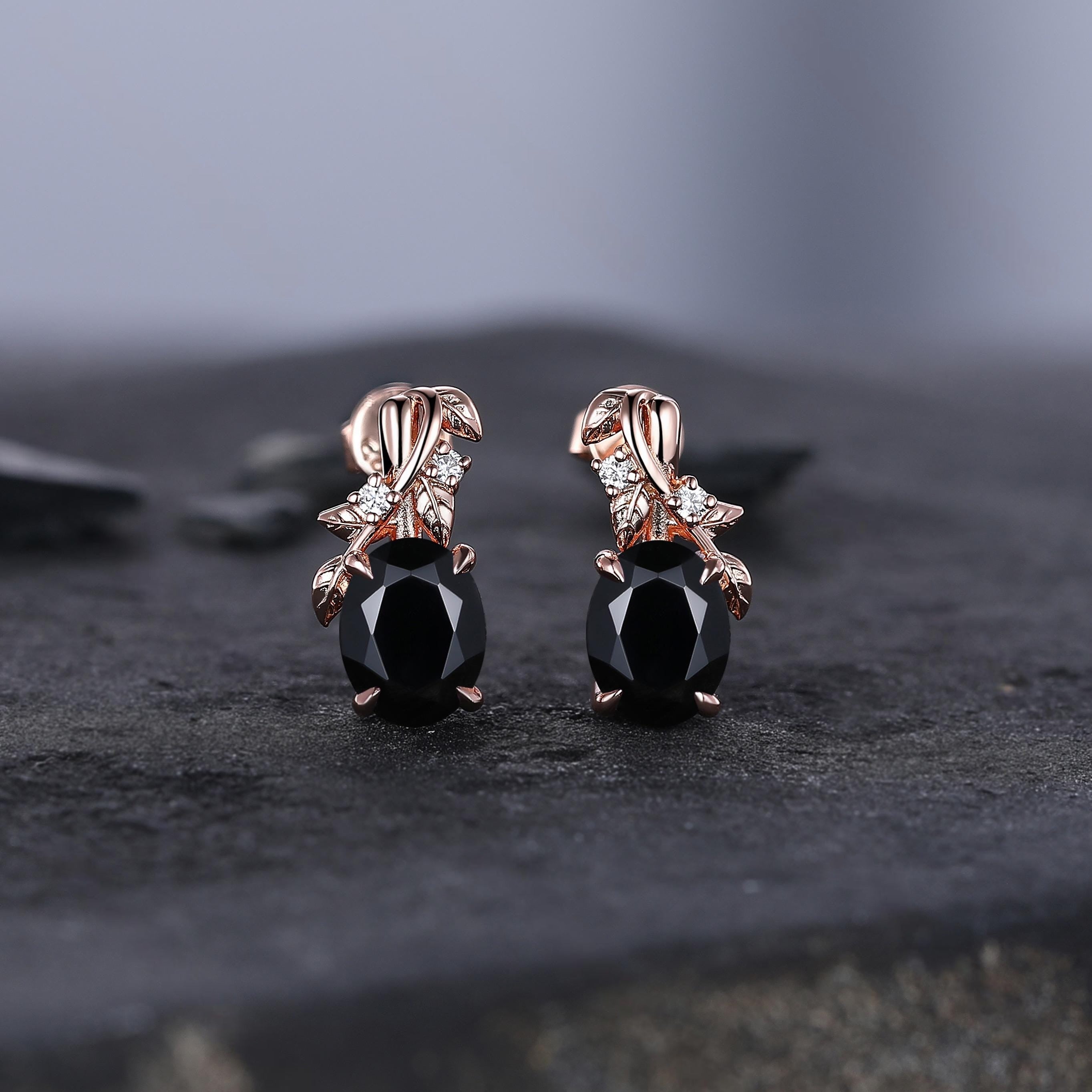 Dainty Twisted Black Onyx Earrings Rose Gold Branches Stud Earrings Women Unique Promise Anniversary Gift for Her Bridal Promise Jewelry - anerjuly
