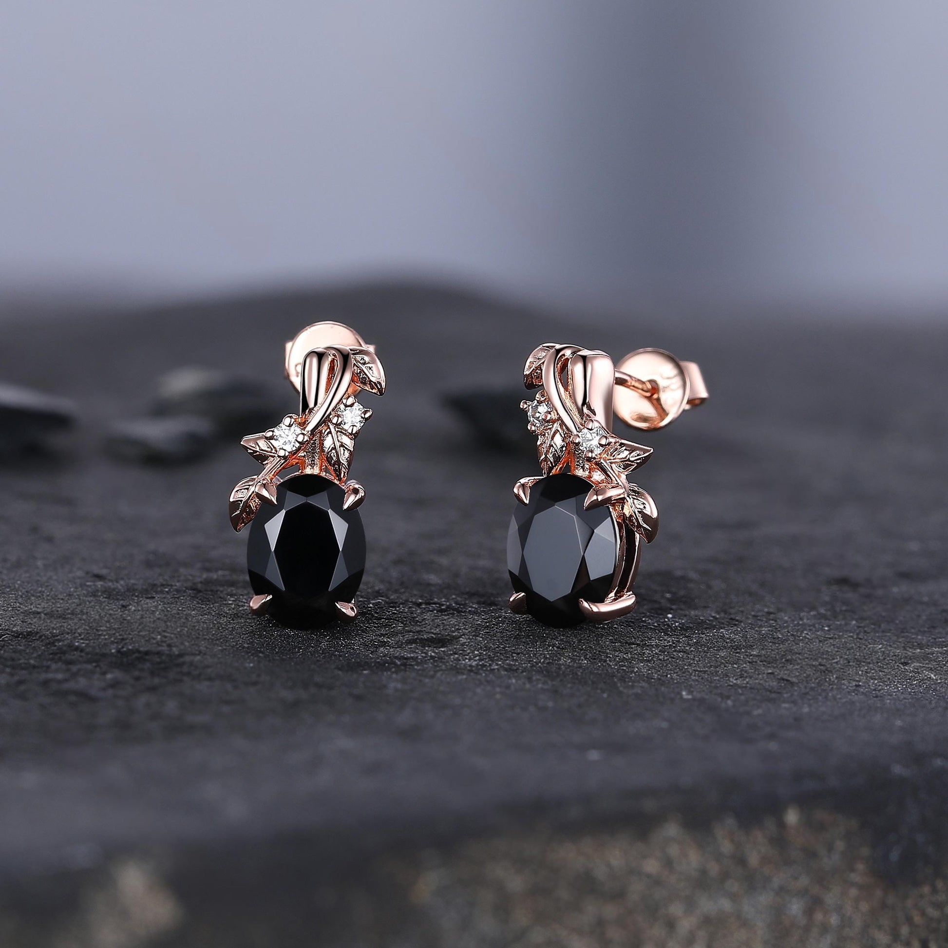 Dainty Twisted Black Onyx Earrings Rose Gold Branches Stud Earrings Women Unique Promise Anniversary Gift for Her Bridal Promise Jewelry - anerjuly