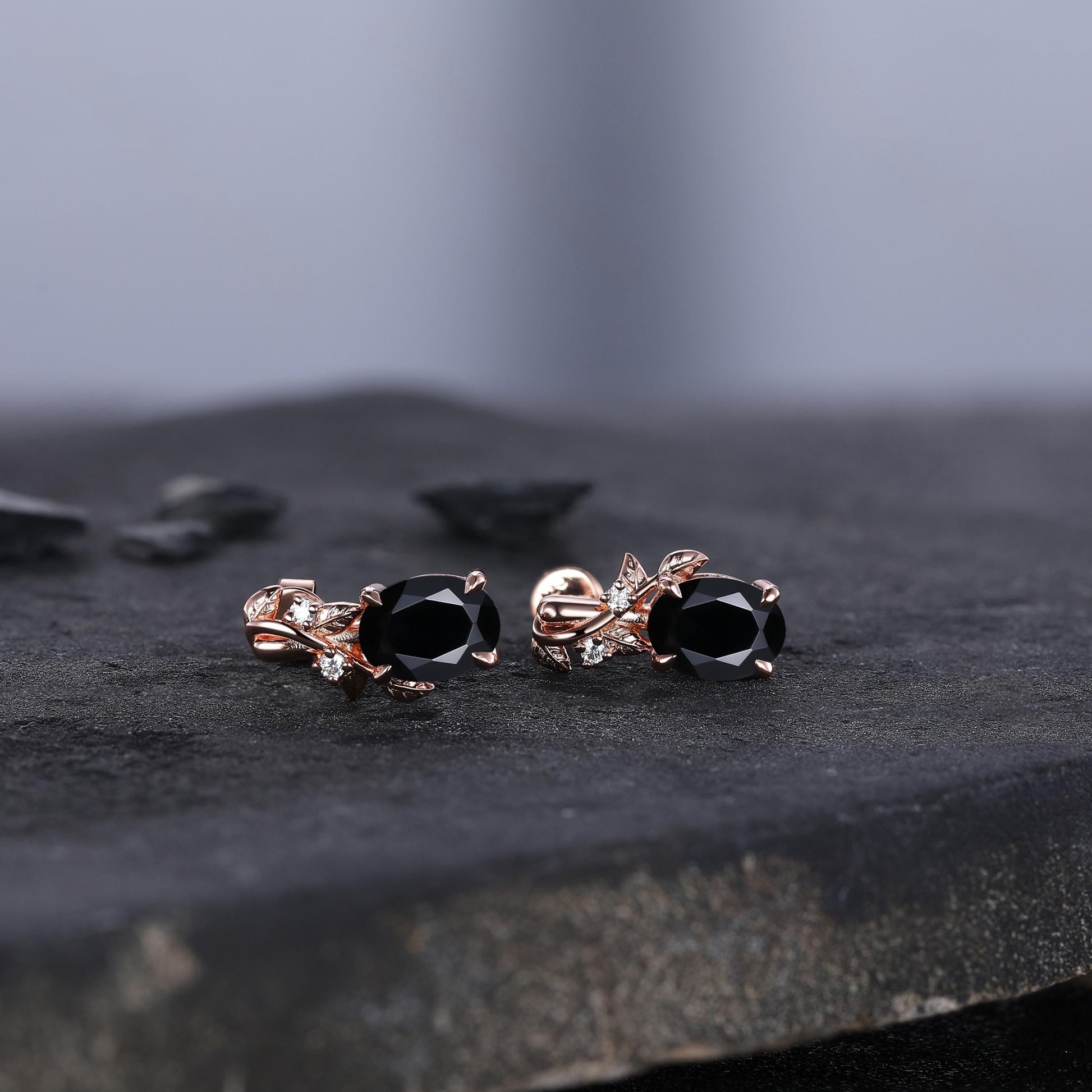 Dainty Twisted Black Onyx Earrings Rose Gold Branches Stud Earrings Women Unique Promise Anniversary Gift for Her Bridal Promise Jewelry - anerjuly