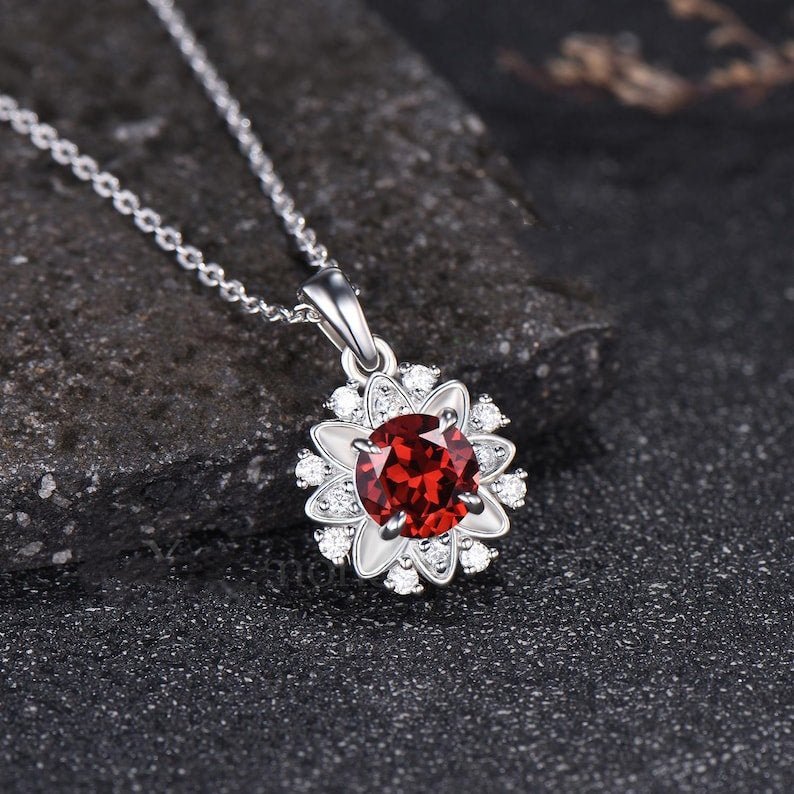 Delicate Round Cut Natural Garnet Pendant Unique White Gold Moissanite Halo Pendant Minimalist January Birthstone Anniversary Gift - anerjuly