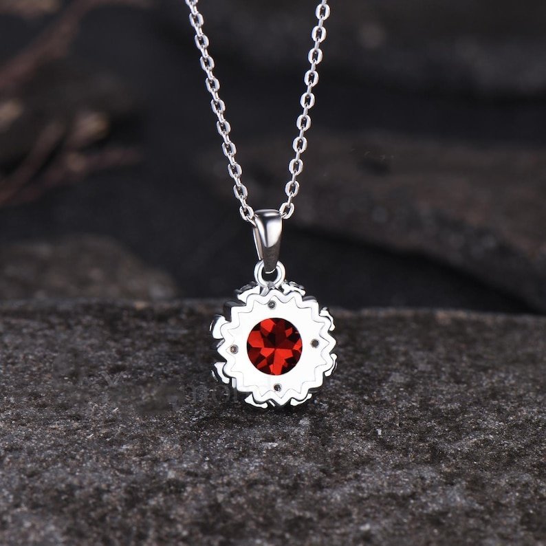 Delicate Round Cut Natural Garnet Pendant Unique White Gold Moissanite Halo Pendant Minimalist January Birthstone Anniversary Gift - anerjuly