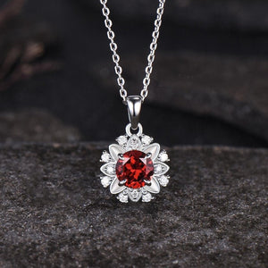 Delicate Round Cut Natural Garnet Pendant Unique White Gold Moissanite Halo Pendant Minimalist January Birthstone Anniversary Gift - anerjuly
