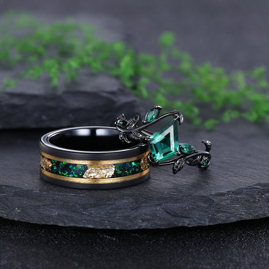 Emerald Matching Wedding Band Emerald And Emerald Engagement Couples Ring - anerjuly