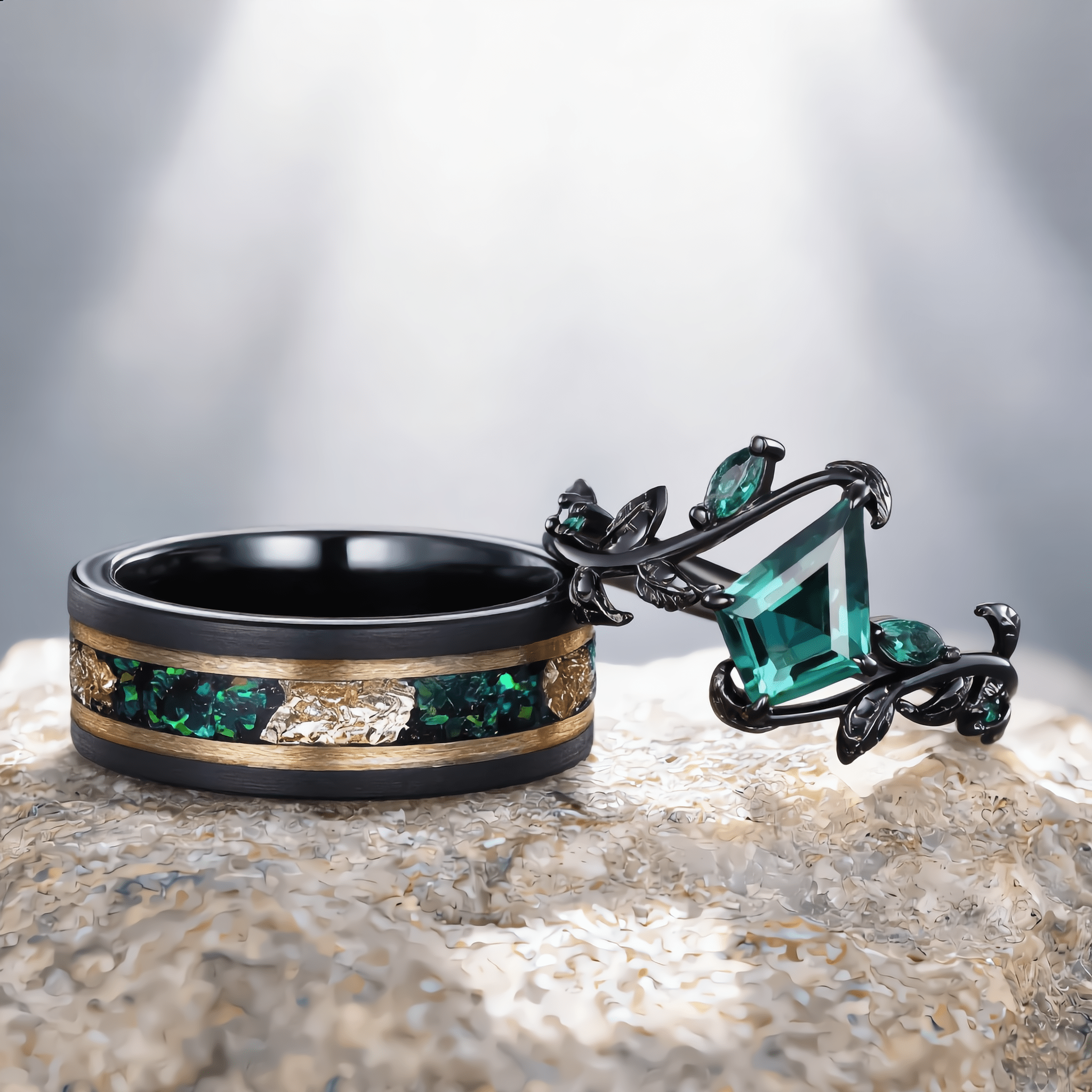 Emerald Matching Wedding Band Emerald And Emerald Engagement Couples Ring - anerjuly