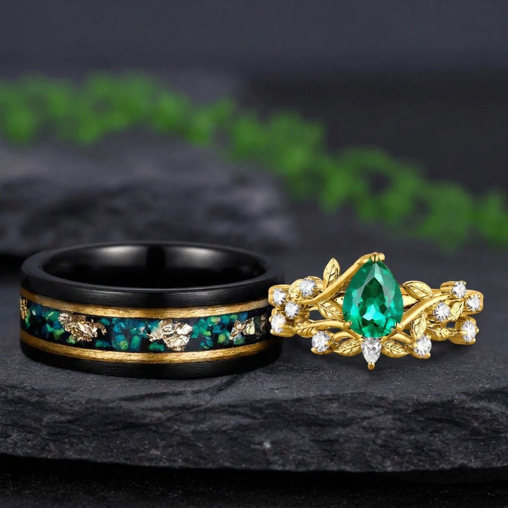 Emerald Matching Wedding Band Emerald And Emerald Engagement Couples Ring - anerjuly