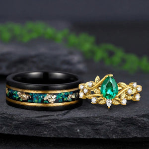 Emerald Matching Wedding Band Emerald And Emerald Engagement Couples Ring - anerjuly