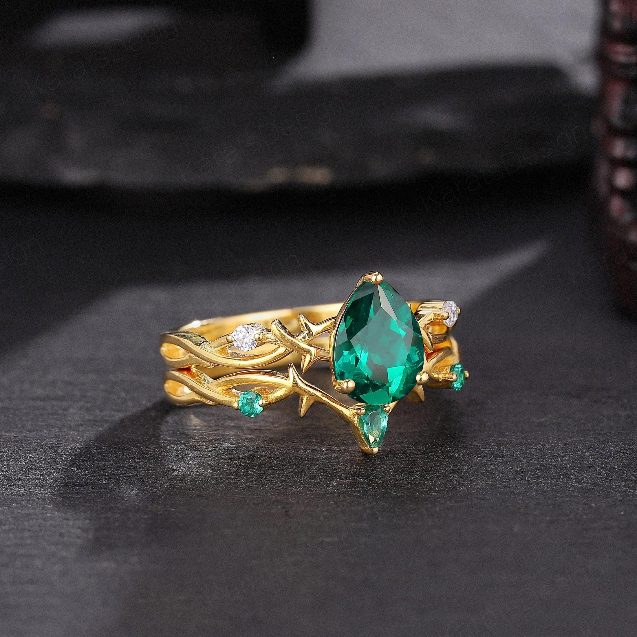 Emerald Twig Engagement Ring Set Pear Emerald and Diamond Vine Wedding Ring Set - anerjuly