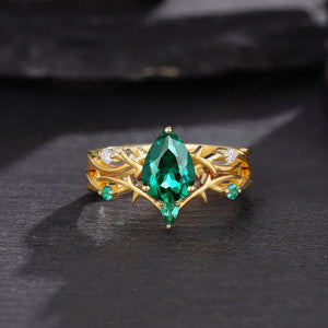 Emerald Twig Engagement Ring Set Pear Emerald and Diamond Vine Wedding Ring Set - anerjuly