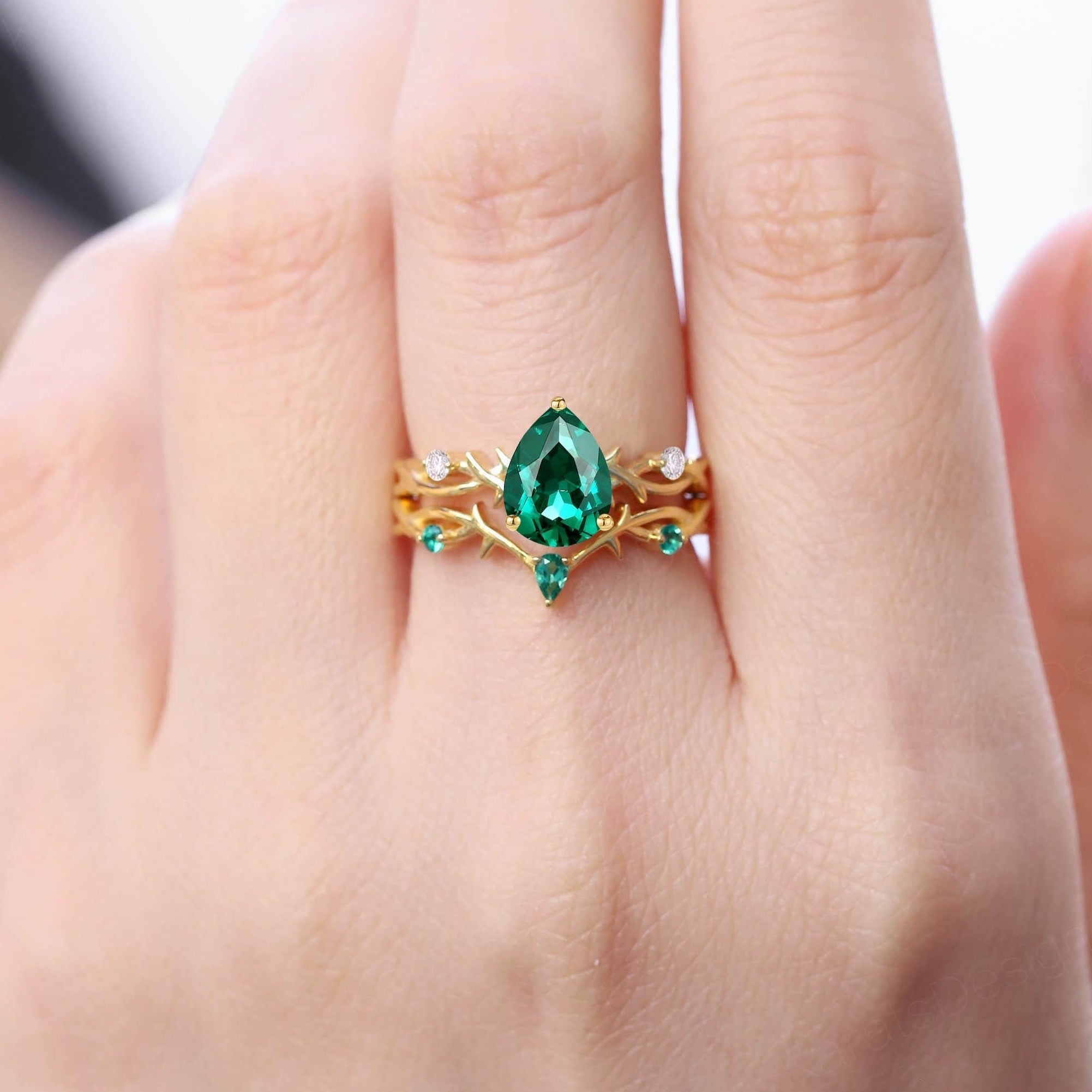 Emerald Twig Engagement Ring Set Pear Emerald and Diamond Vine Wedding Ring Set - anerjuly
