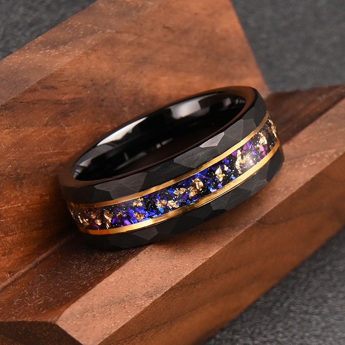 Faceted Black Tungsten Ring with Purple Galaxy & Gold Foil Inlay - anerjuly