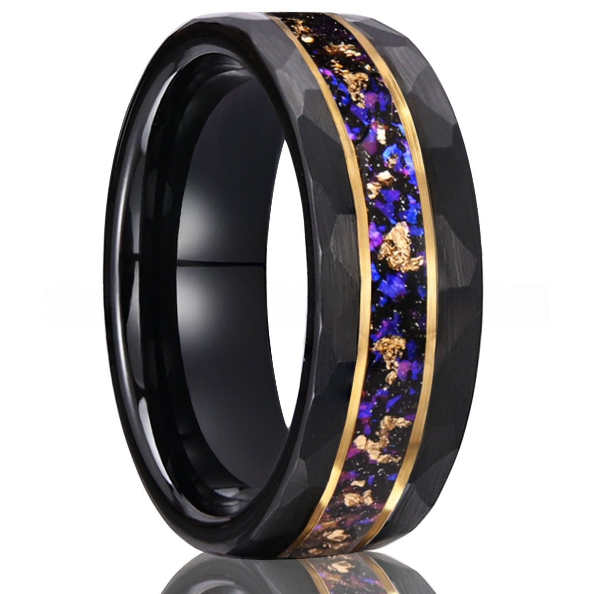 Faceted Black Tungsten Ring with Purple Galaxy & Gold Foil Inlay - anerjuly