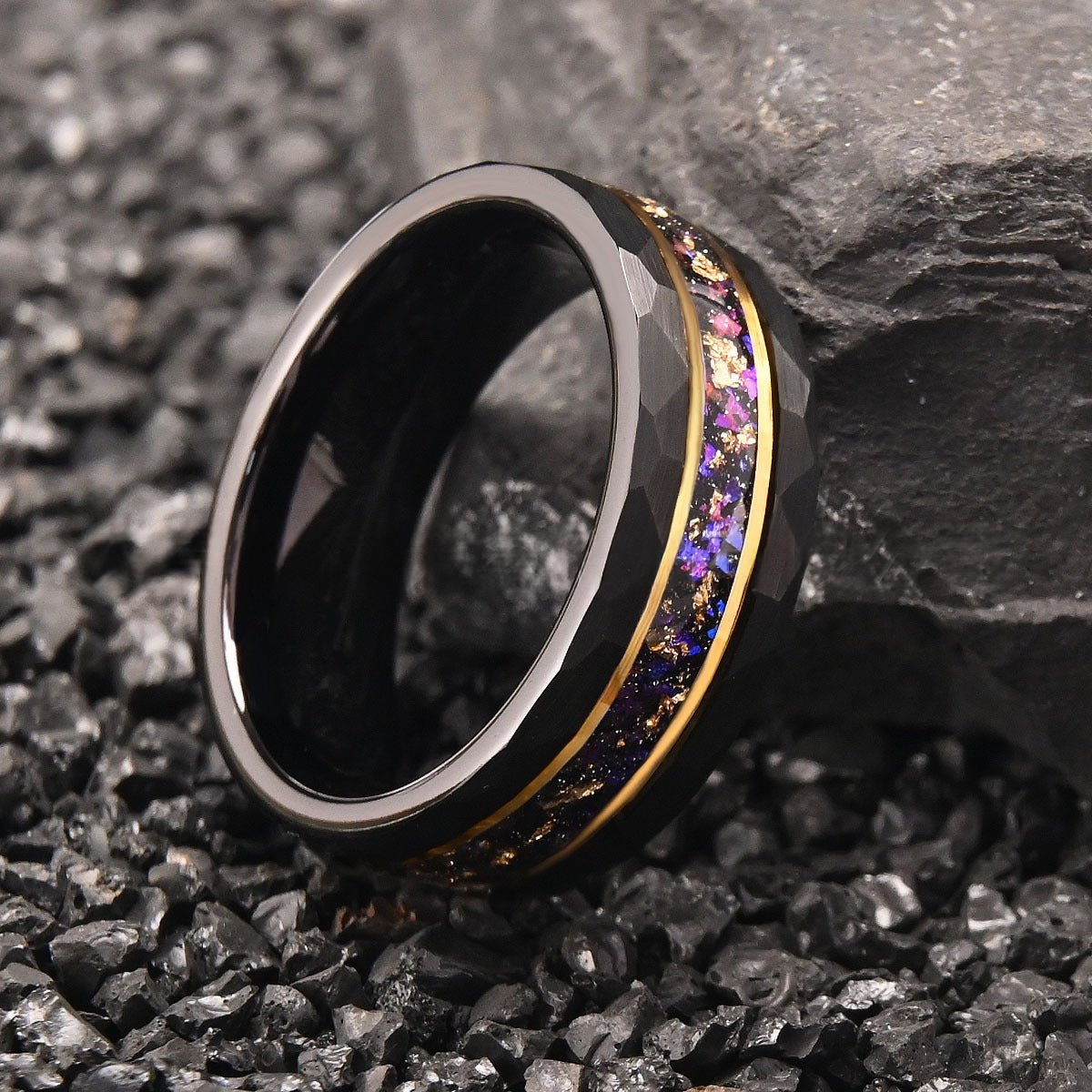 Faceted Black Tungsten Ring with Purple Galaxy & Gold Foil Inlay - anerjuly