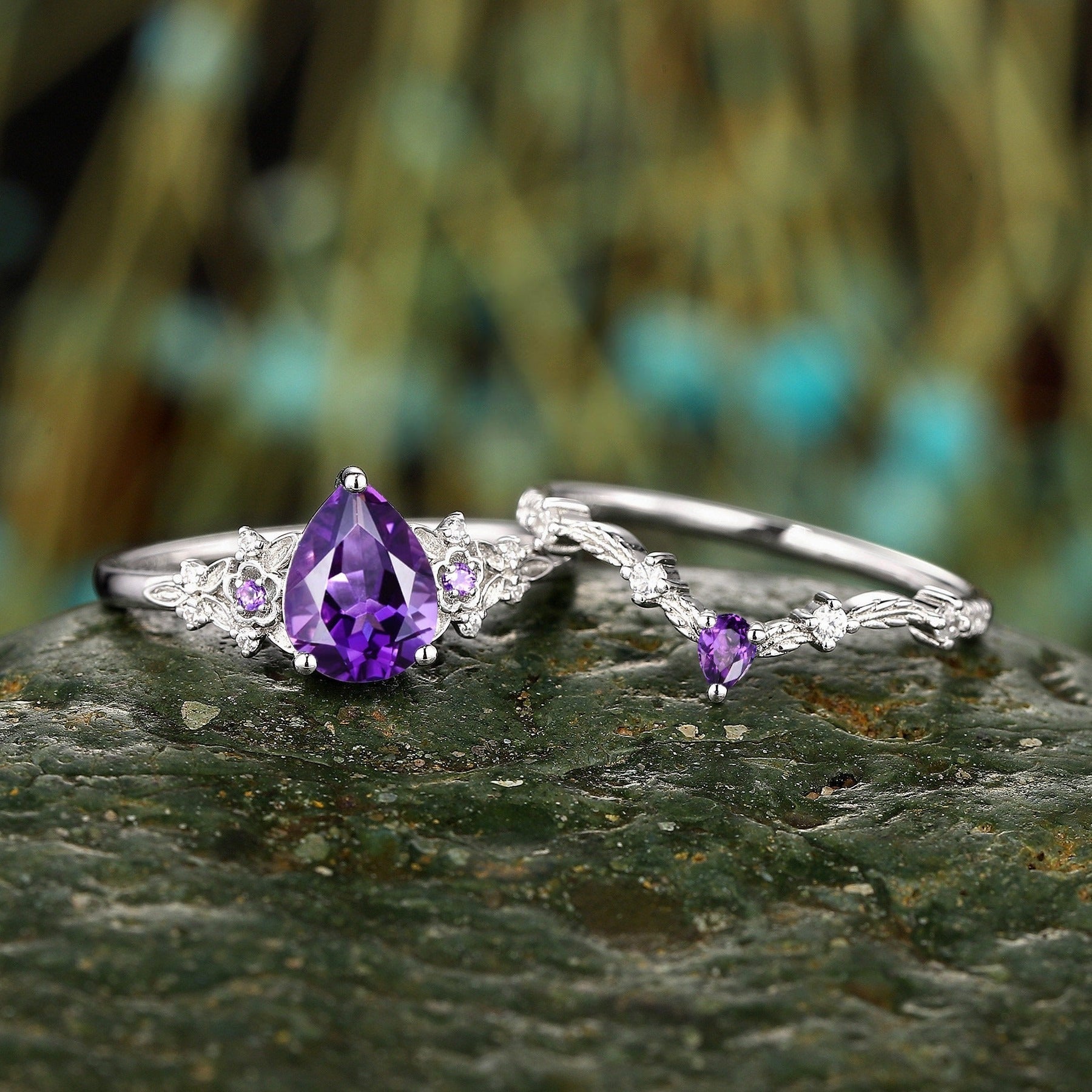 Floral amethyst couple ring sets leaf engagement rings his and hers wedding band ring - anerjuly