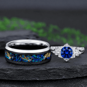 Floral Cluster Blue Sapphire and Silver Tungsten Couple Ring Set with Aurora Opal Inlay - anerjuly